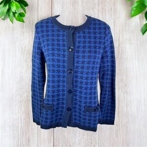 The Tog Shop Womens Cardigan Sweater Blue Black Houndstooth Long Sleeve Pocket S